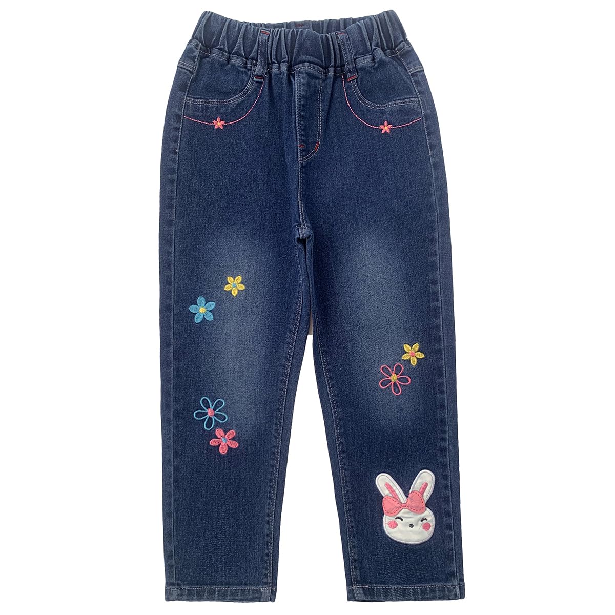 Conjunto 2 Piezas para Niña: Sudadera Rayas Rosa con Babero Decorativo Encaje y Flores Bordadas y Jeans con Conejita y Flores
