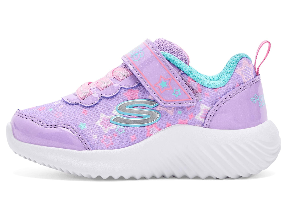 Skechers - Tenis Deportivos Bounder con Cierre Adaptable y Estampado de Estrellas para Niña (Lavanda/Morado) (Talla 21 - 26)