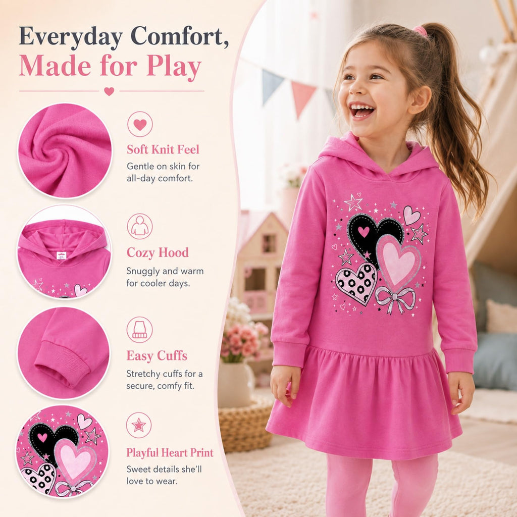 Vestido Hoodie de Corazones para Niñas – Manga Larga Rosa Fucsia con Volante, Algodón (3 - 12T)