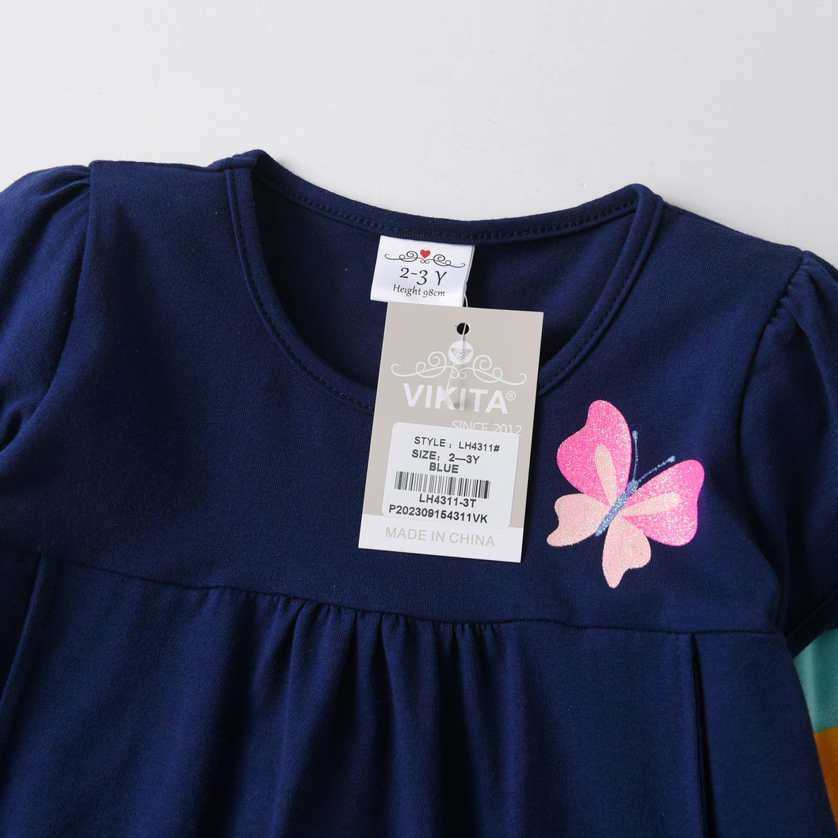 Vestido Niña VIKITA | 100% Algodón + Mariposas Rosas + Arcoíris + Estrellas + Bolsillos | Navy/Arcoíris Cumpleaños (3-8 Años)