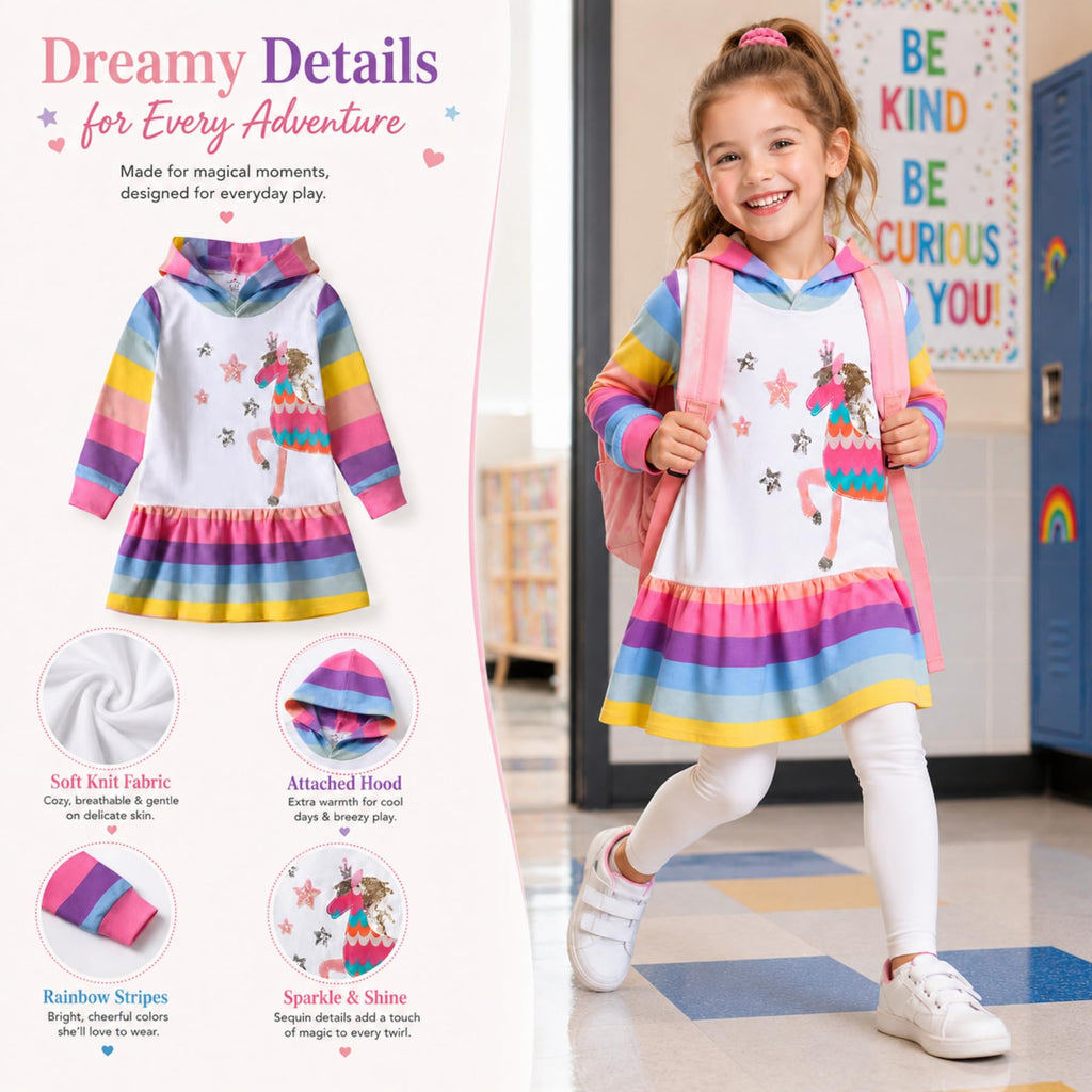 Vestido Hoodie de Unicornio para Niñas – Manga Larga Rayas Arcoíris con Lentejuelas, Algodón  (3 - 12T)