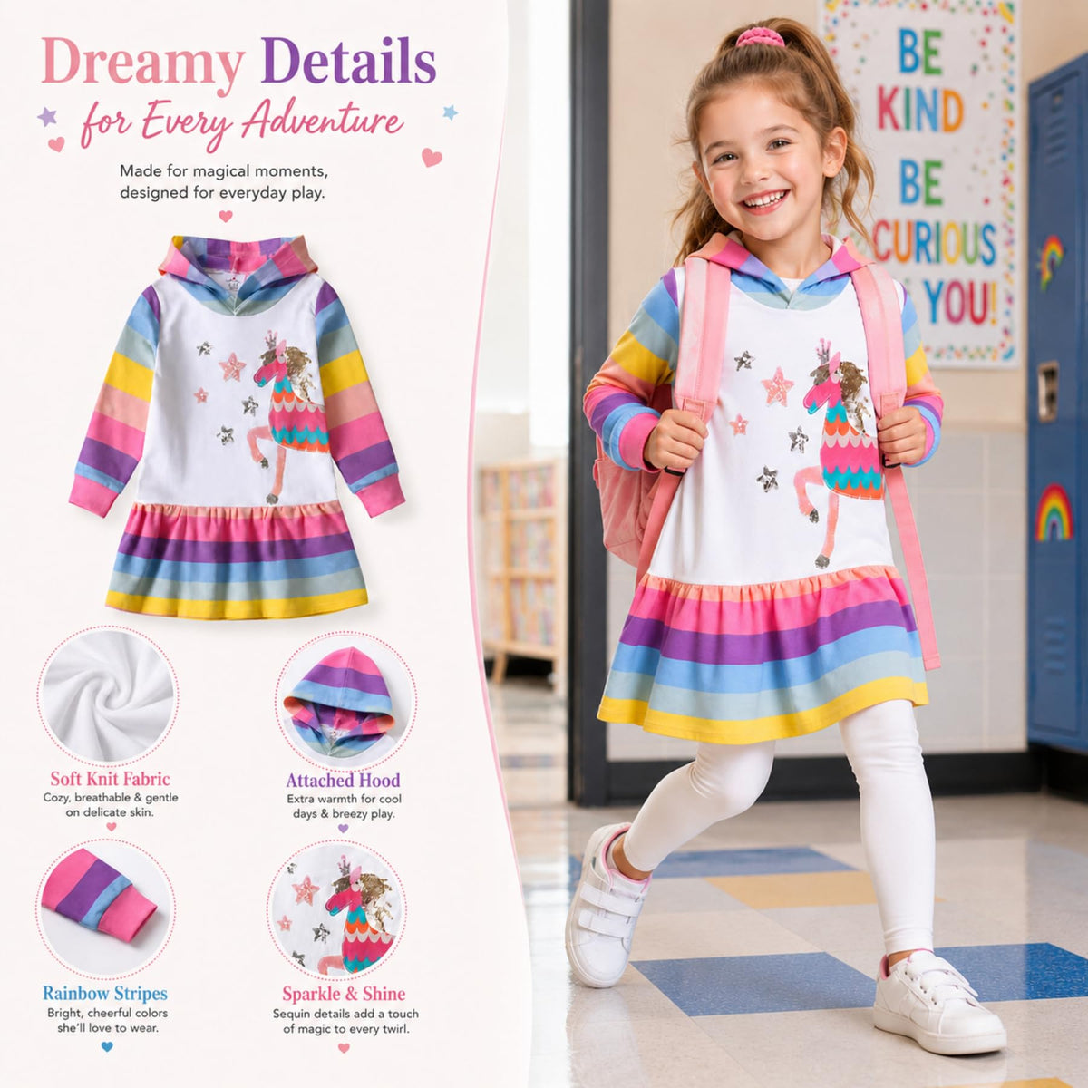 Vestido Hoodie de Unicornio para Niñas – Manga Larga Rayas Arcoíris con Lentejuelas, Algodón  (3 - 12T)