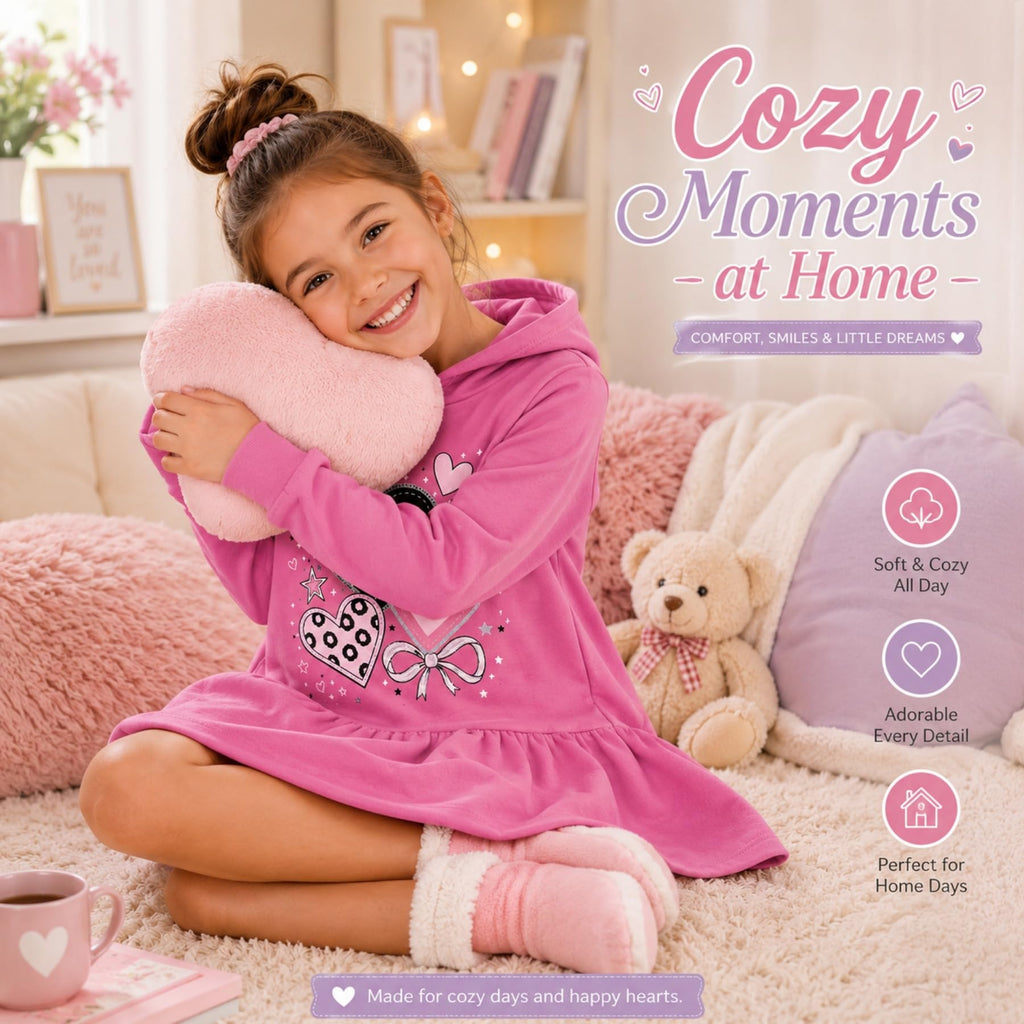 Vestido Hoodie de Corazones para Niñas – Manga Larga Rosa Fucsia con Volante, Algodón (3 - 12T)
