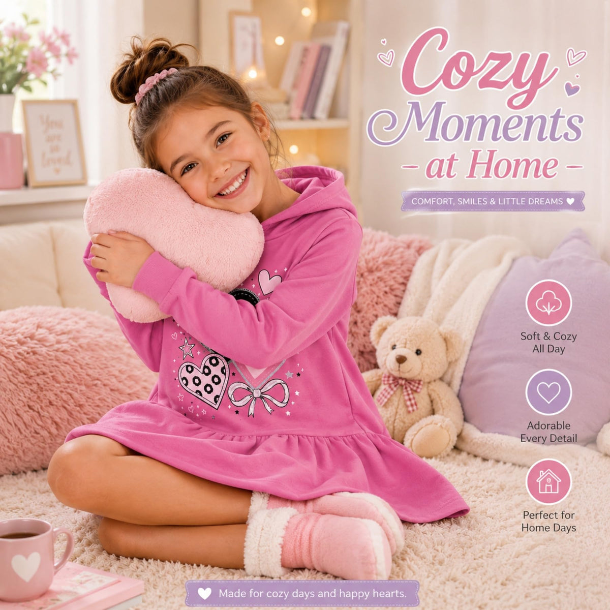 Vestido Hoodie de Corazones para Niñas – Manga Larga Rosa Fucsia con Volante, Algodón (3 - 12T)