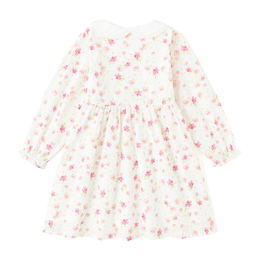 Vestido de Manga Larga 100% Algodón con Cuello con Volantes y Estampado Floral Rosa Suave para Niña (12M - 8T)