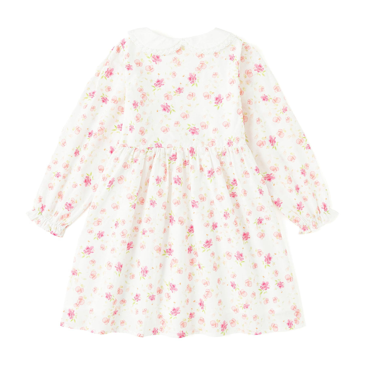Vestido de Manga Larga 100% Algodón con Cuello con Volantes y Estampado Floral Rosa Suave para Niña (12M - 8T)