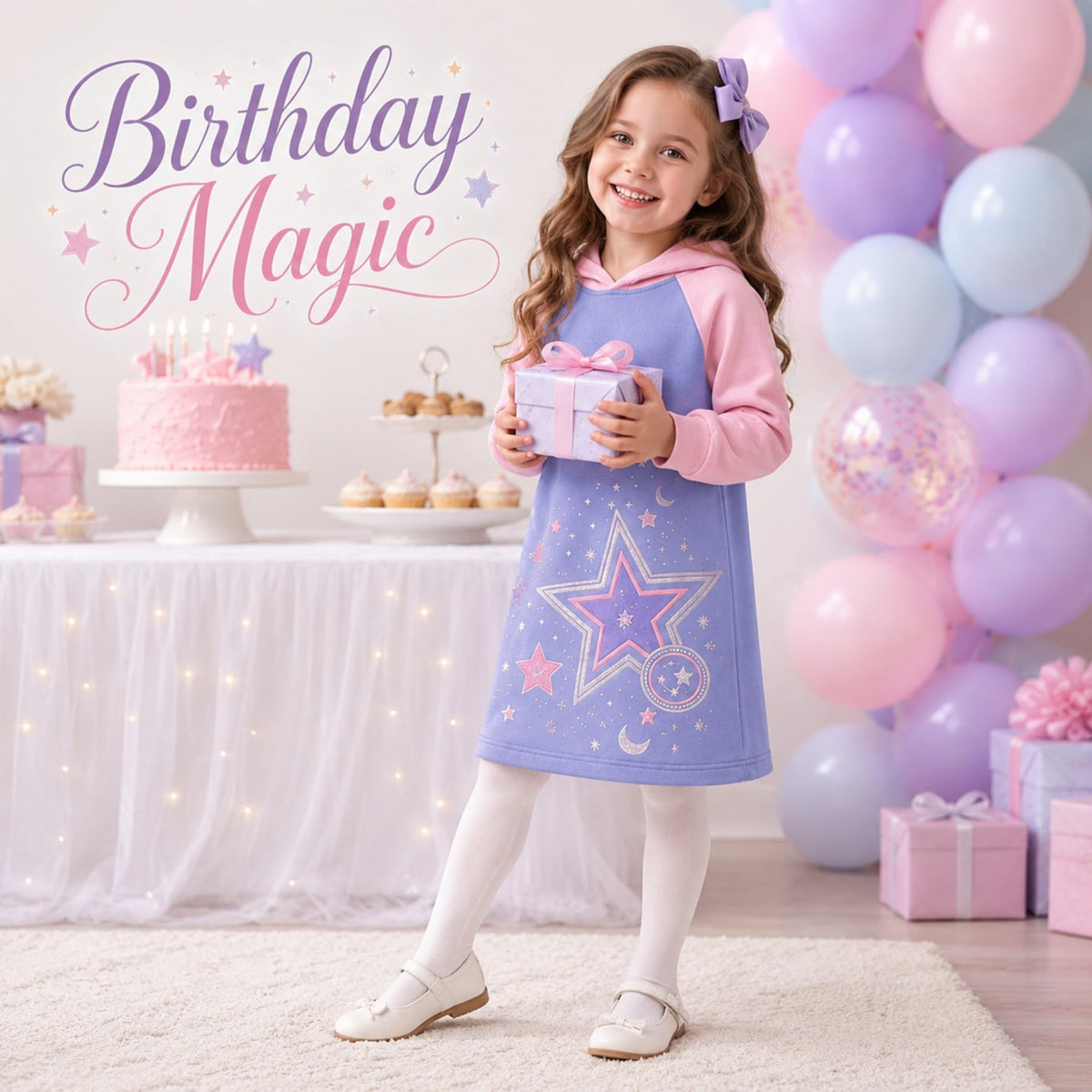 Vestido Hoodie de Estrellas para Niñas – Manga Larga Lila y Rosa, Algodón (3 - 12T)