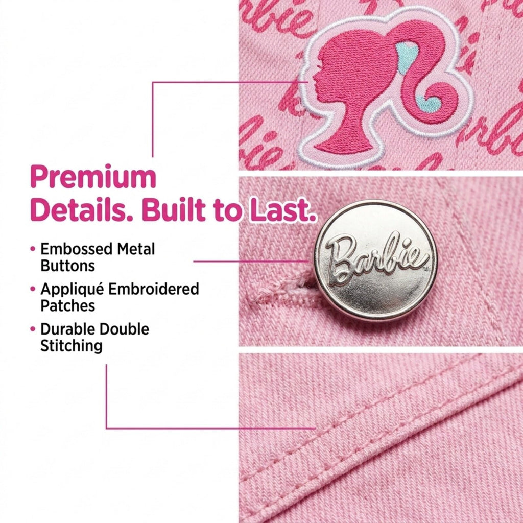Chaqueta Mezclilla Barbie Oficial | Logo Todo-Sobre + 3 Parches Bordados + Botones Metal Relieve | Niña Rosa (4-16T)