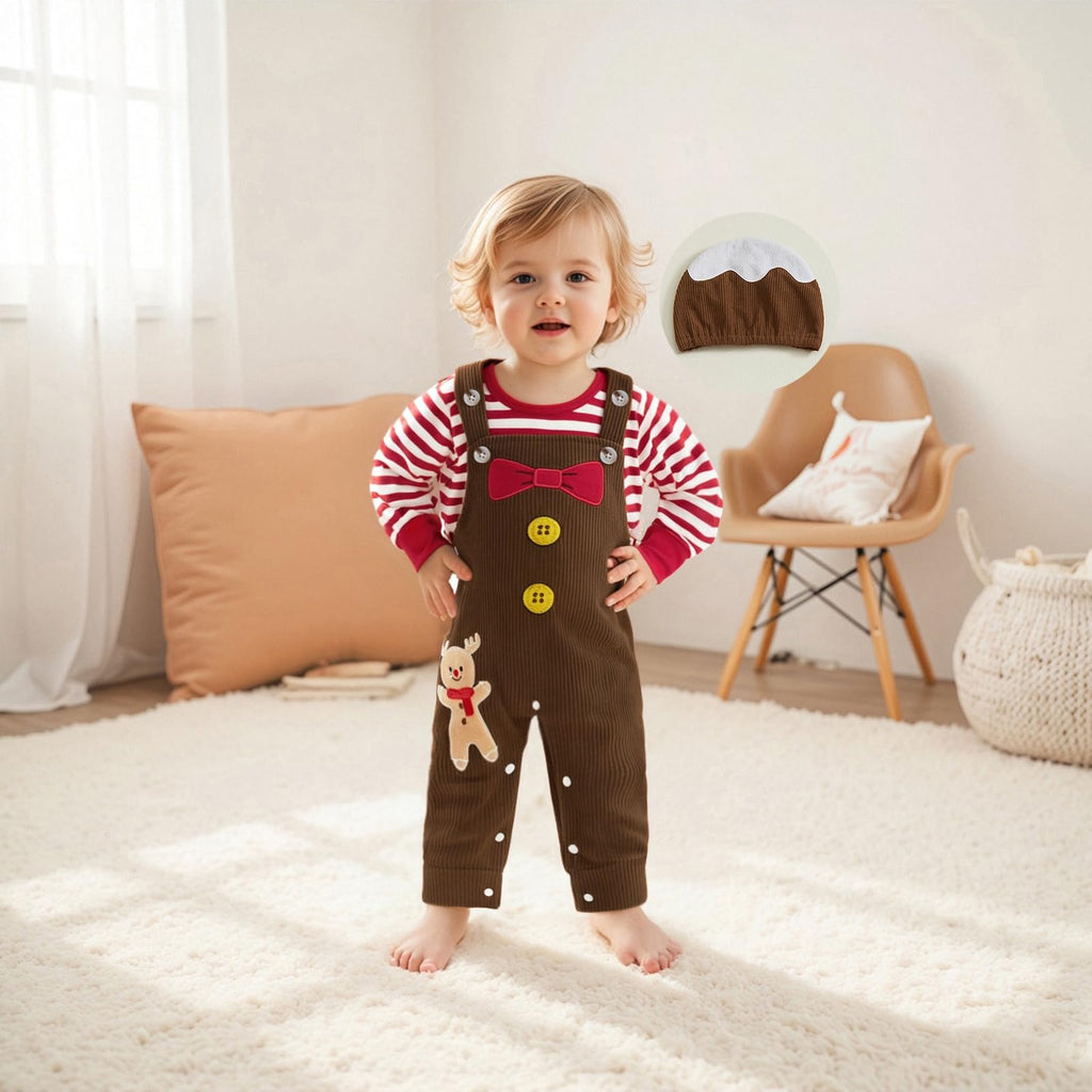 Gingerbread Pudding Boy Set | Conjunto 3 Piezas Bebé — Body Rayas Rojo + Overol Pana Café + Moño Rojo + Gorro Pudding