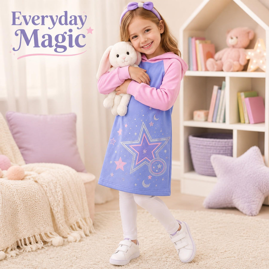 Vestido Hoodie de Estrellas para Niñas – Manga Larga Lila y Rosa, Algodón (3 - 12T)