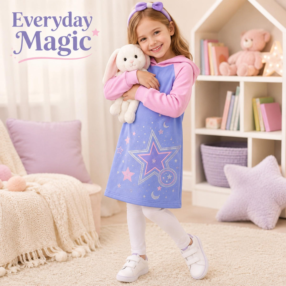 Vestido Hoodie de Estrellas para Niñas – Manga Larga Lila y Rosa, Algodón (3 - 12T)