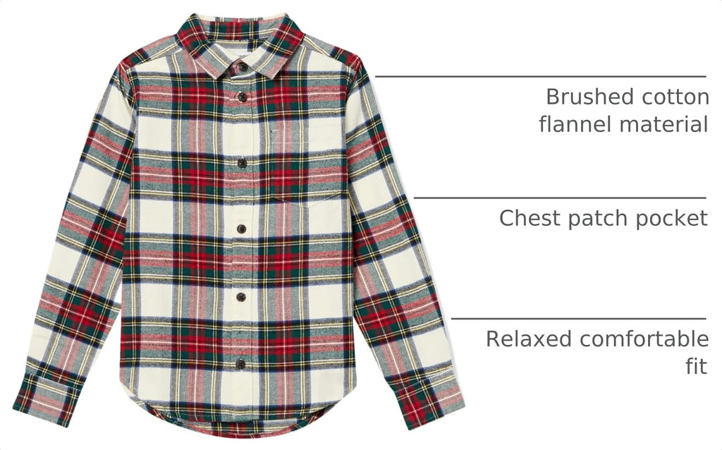 Amazon Essentials Camisa Franela Niño | Cuadros Crema/Rojo/Verde • Manga Larga • 100% Algodón
