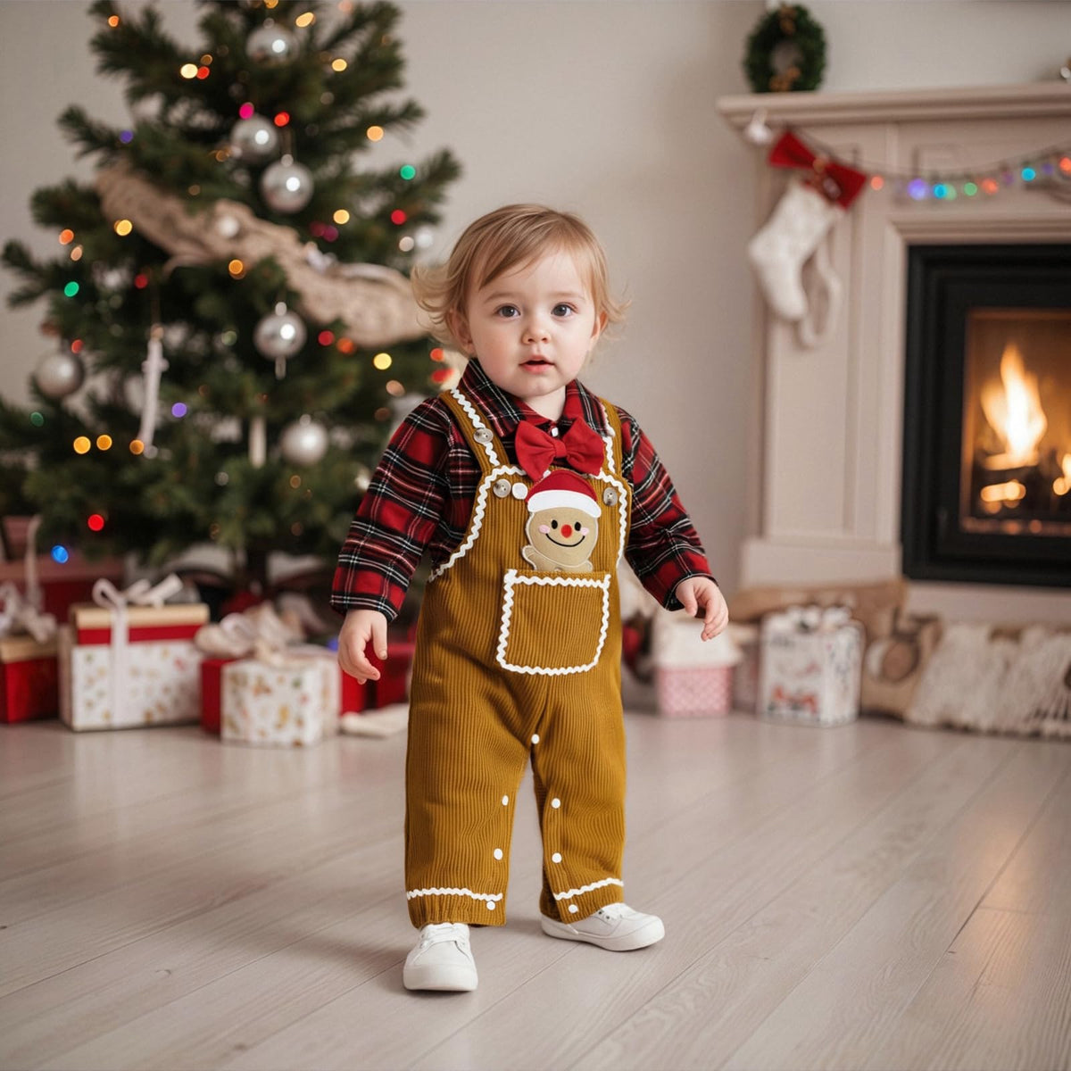 Plaid Gingerbread Boy Set | Conjunto 2 Piezas Bebé — Body Camisa Cuadros Rojo + Overol Pana Mostaza + Galleta de Jengibre