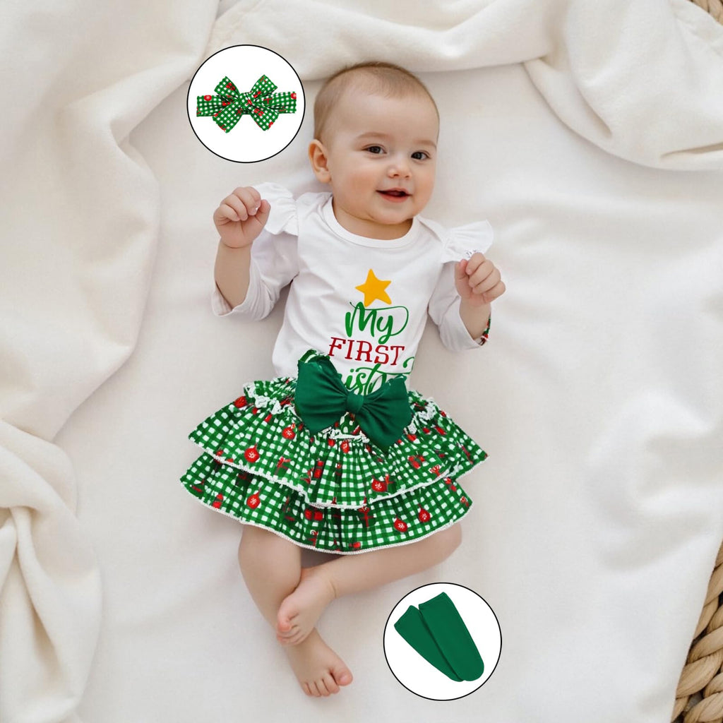 My First Christmas | Conjunto Navideño Bebé Niña Falda Cuadros Verde + Medias + Diadema