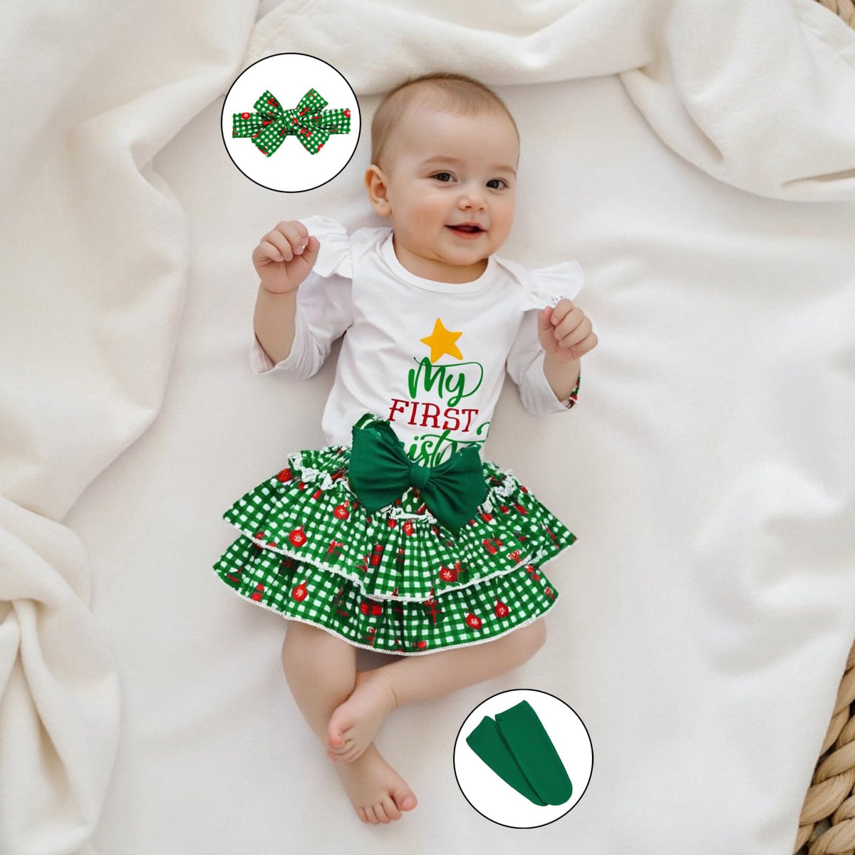 My First Christmas | Conjunto Navideño Bebé Niña Falda Cuadros Verde + Medias + Diadema