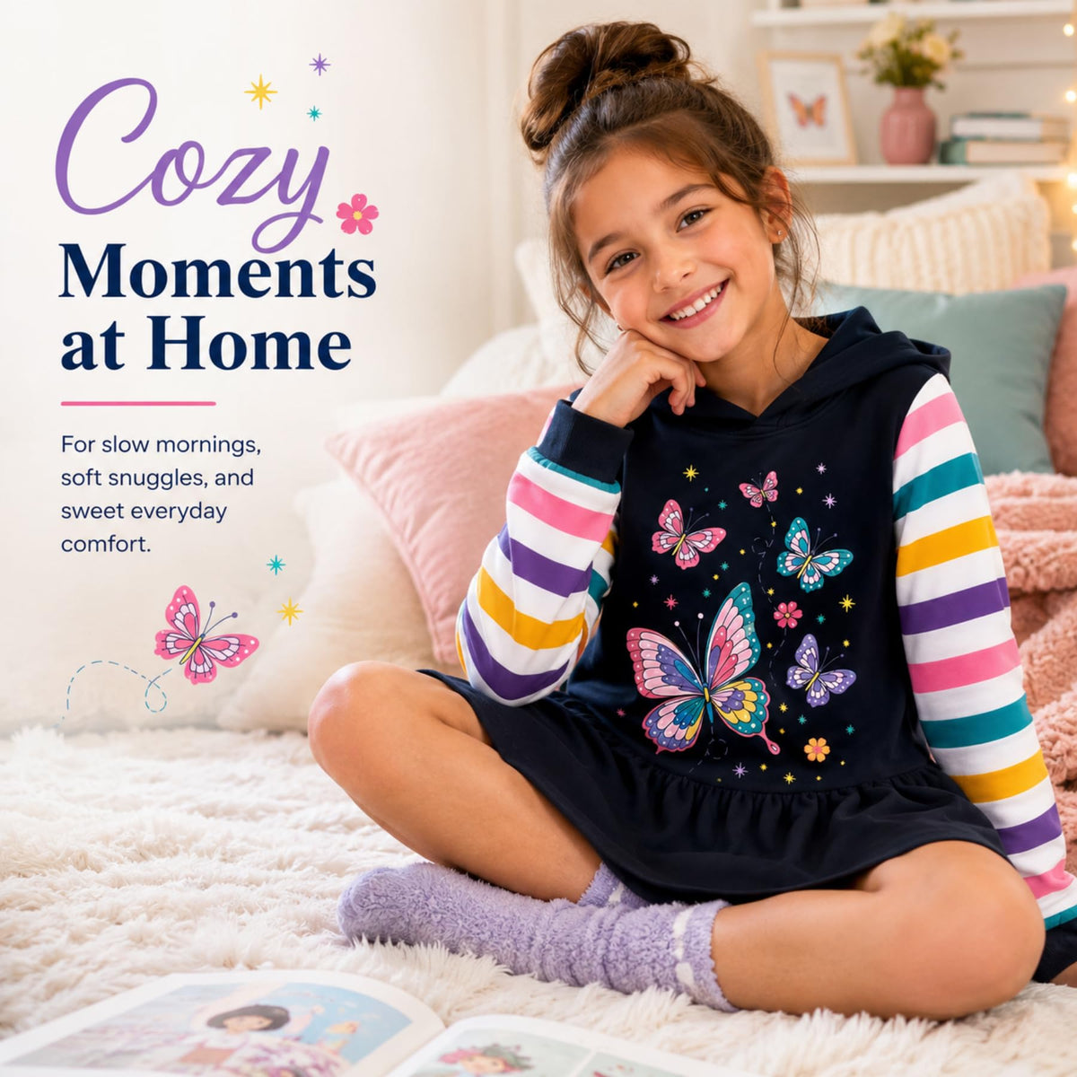 Vestido Hoodie de Mariposas para Niñas – Manga Larga Rayas Arcoíris, Algodón (3 - 12T)