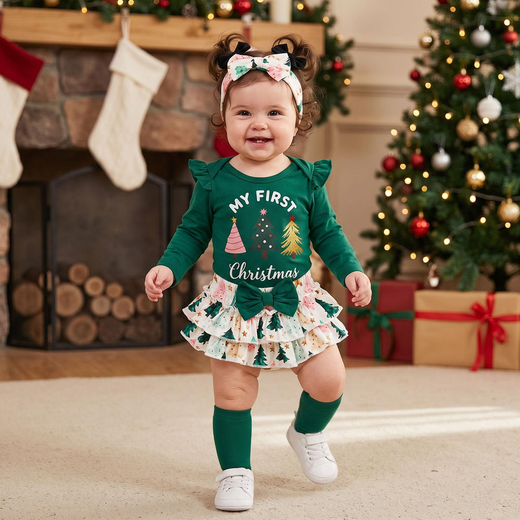 My First Christmas Arbolitos | Conjunto Navideño Verde Bebé Niña Falda Floral + Medias + Diadema