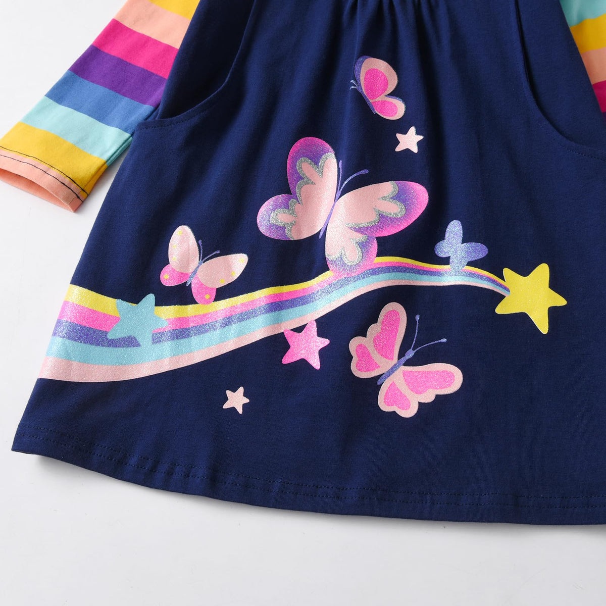Vestido Niña VIKITA | 100% Algodón + Mariposas Rosas + Arcoíris + Estrellas + Bolsillos | Navy/Arcoíris Cumpleaños (3-8 Años)