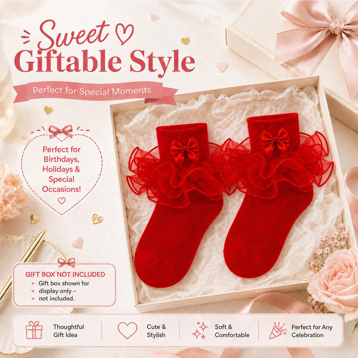 Calcetines Nina Volantes Encaje Tutu Doble Capa Lazo Cinta 3D Rojo Algodon Organza Princesa Navidad Boda (1 - 10T)