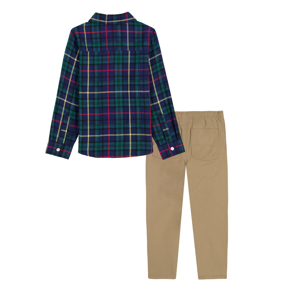 Conjunto 2 Piezas Tommy Hilfiger | Camisa Tartan Navy Verde Rojo Forro Chambray + Chino Microgamuza Beige | Niño (12M - 7T)