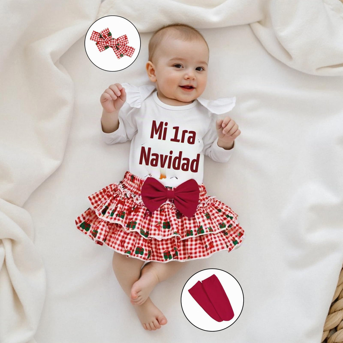 My 1st Christmas | Conjunto Navideño Bebé Niña Falda Cuadros + Medias + Diadema
