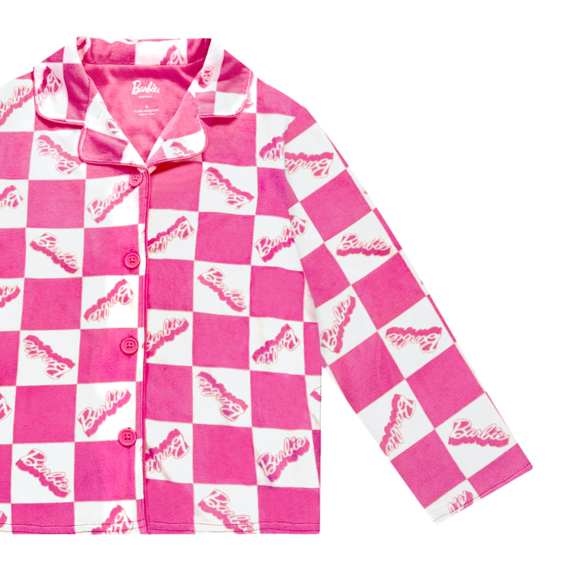 Pijama 2 Piezas Barbie Oficial | Estilo Abrigo Botones + Tablero Ajedrez Fucsia + Logo Cursiva All-Over | Niña Rosa (4T - 10T)