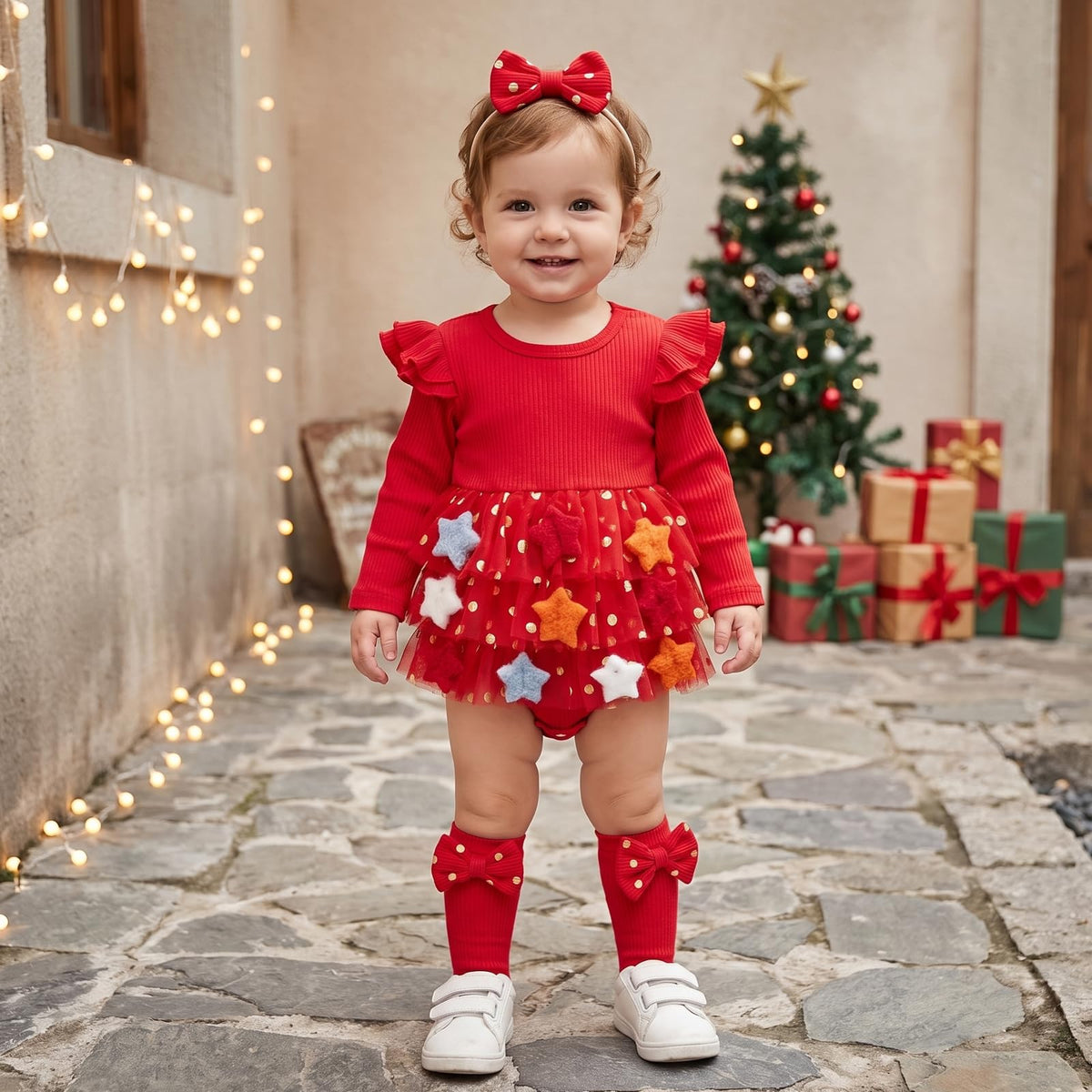 My First Christmas | Mameluco Tutú Estrellas Bebé Niña - Rojo