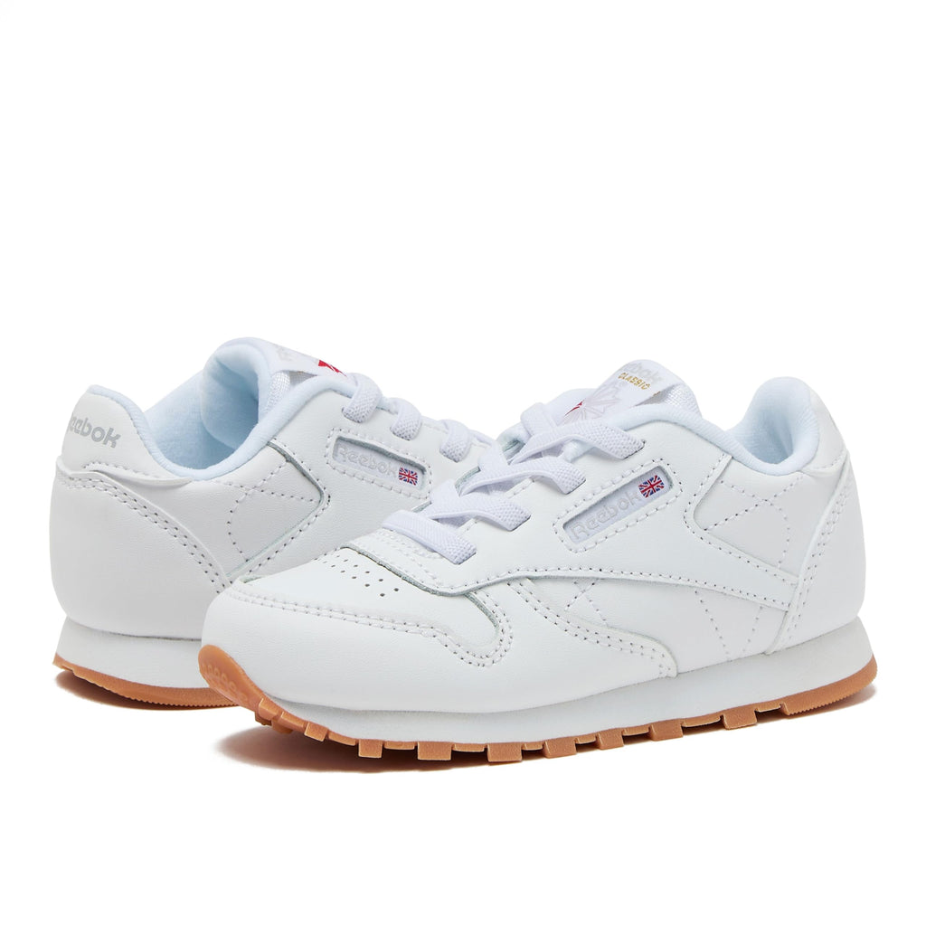 Reebok  -Tenis Casuales de Piel Classic Leather con Cordones para Niños (Blanco/Suela de Goma) (Talla 20 - 26)
