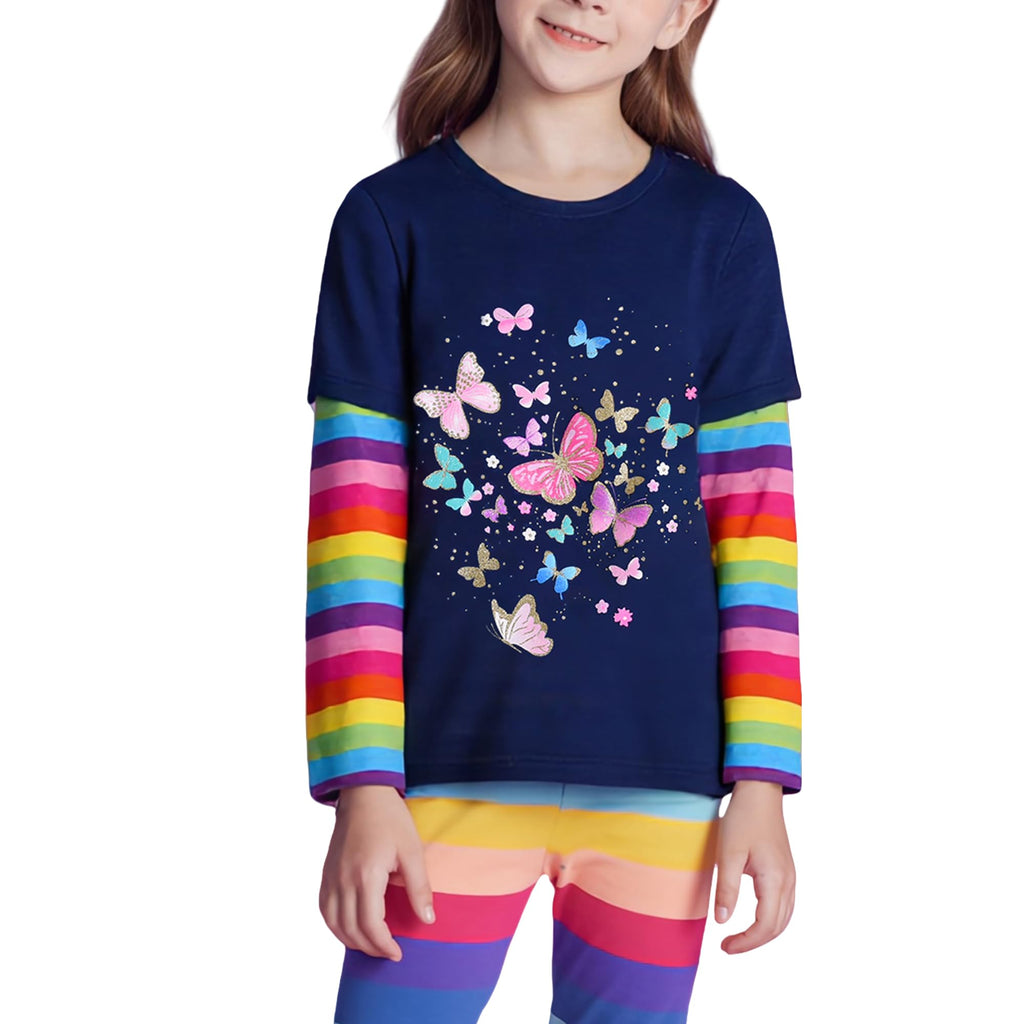 Top de Manga Larga con Mariposas para Niñas – Azul Marino con Rayas Arcoíris, Algodón (2-12 Años)