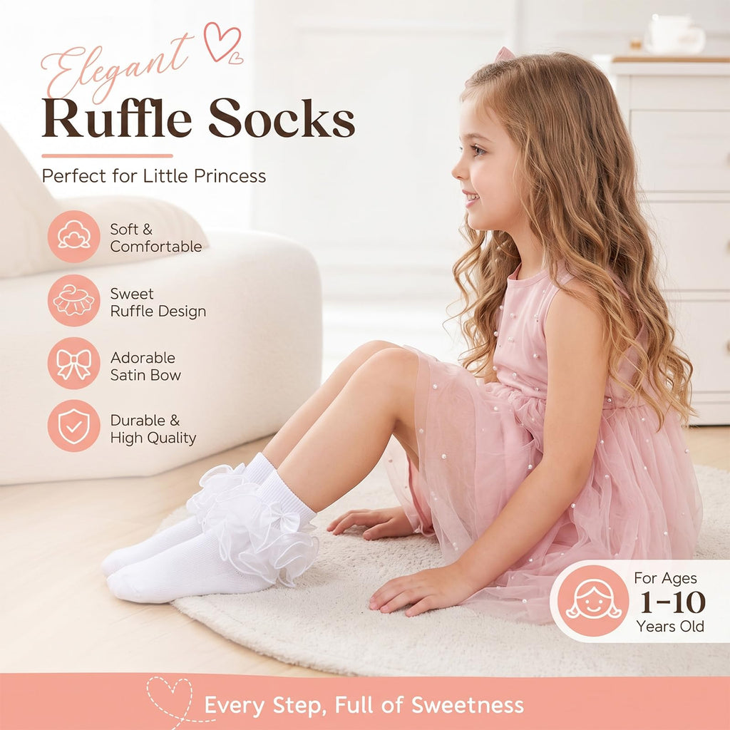 Calcetines Nina Pack 3 Pares Volantes Encaje Tutu Doble Capa Lazo Cinta 3D Blanco Organza Princesa Comunion Boda Uniforme (1 - 10T)