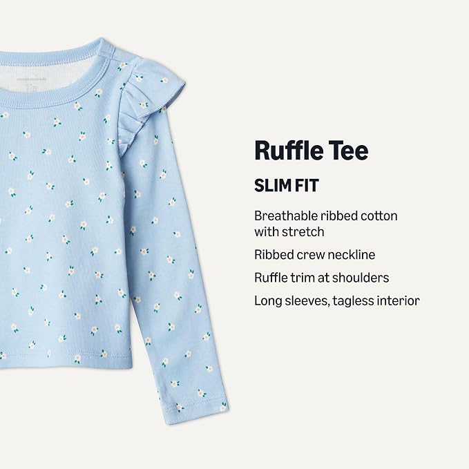 Amazon Essentials Pack x2 Camisetas Niña | Gris + Celeste Floral • Manga Larga con Volantes