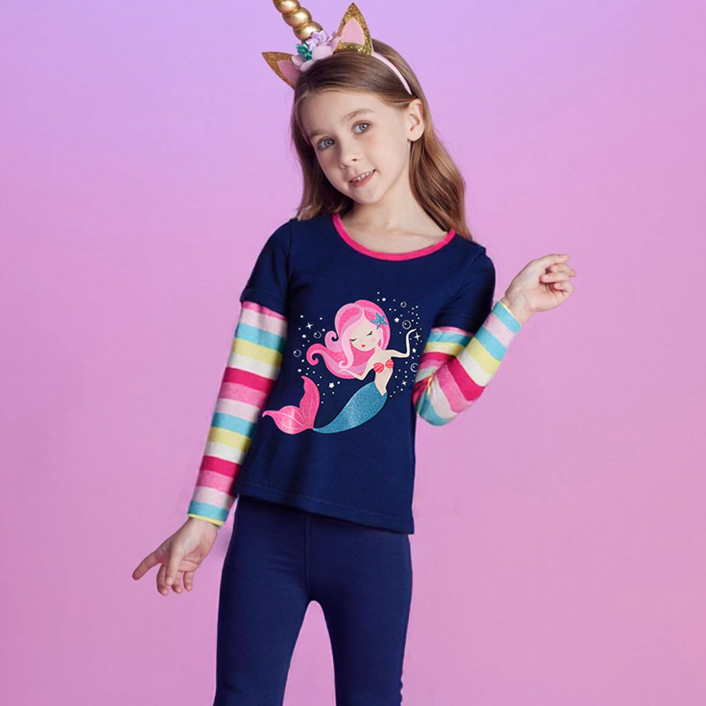 Top de Manga Larga con Sirena para Niñas – Azul Marino con Rayas Arcoíris Pastel, Algodón, 2-12 Años