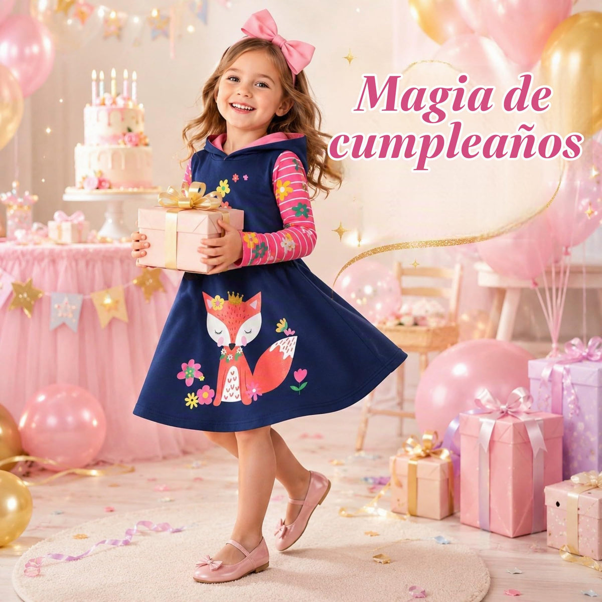 Vestido Hoodie de Zorro y Flores para Niñas – Manga Larga Azul Marino a Rayas, Algodón (3 - 12T)