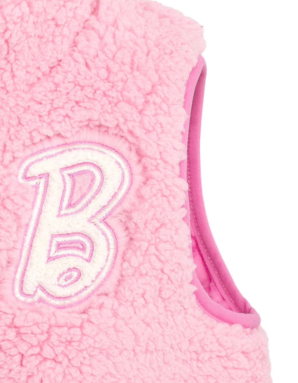 Chaleco Sherpa Barbie Oficial | Piel Oveja Sintética + Parches Felpilla “B” + Cuello Alto | Niña Rosa (5-16 Años)
