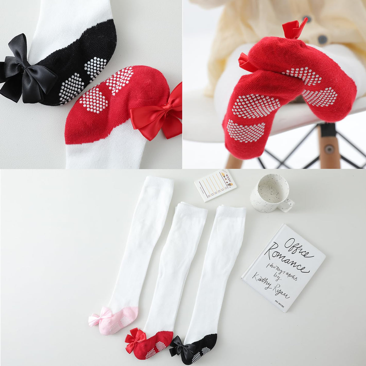 Pack 3 Mallas Antideslizantes con Lazo EPEIUS | Agarre Completo + Algodón Peinado + Blanco Rojo Rosa Negro | Bebé Niña 0-24M)
