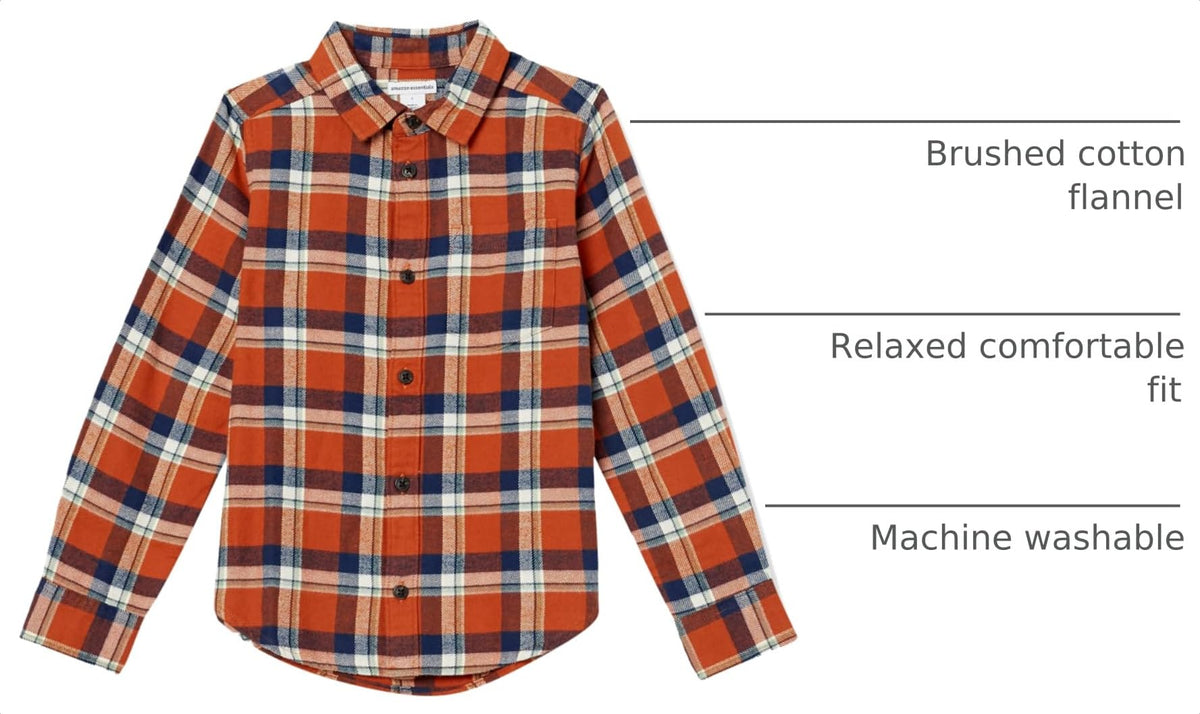 Amazon Essentials Camisa Franela Niño | Cuadros Terracota/Navy/Crema • Manga Larga • 100% Algodón