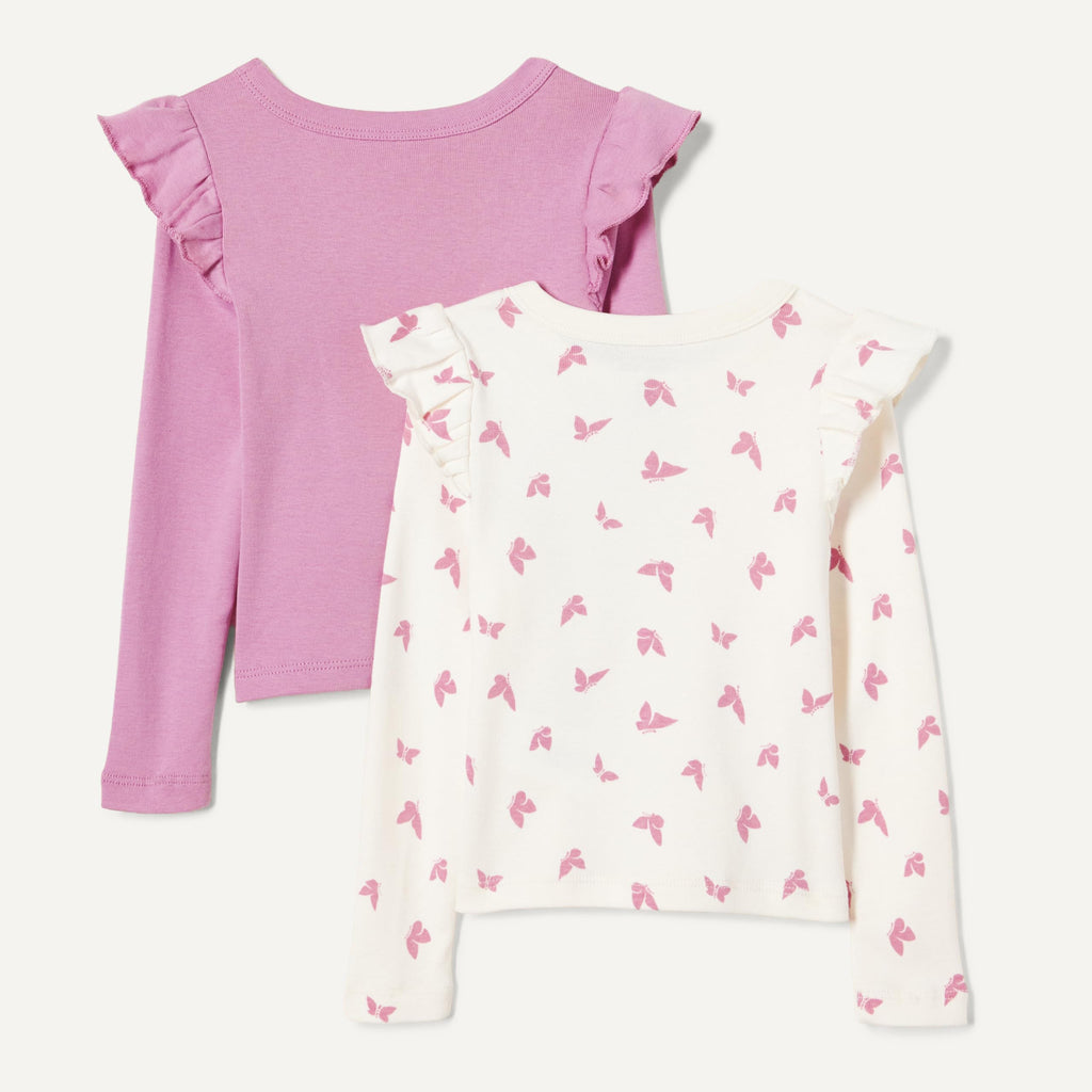 Amazon Essentials Pack x2 Camisetas Niña | Malva + Mariposas • Manga Larga con Volantes