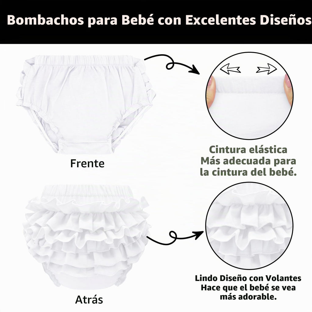 Olreco | Bloomer Bebé Niña Volantes Escalonados 100% Algodón Cintura Elástica Blanco Bautizo Foto 0-24 Meses