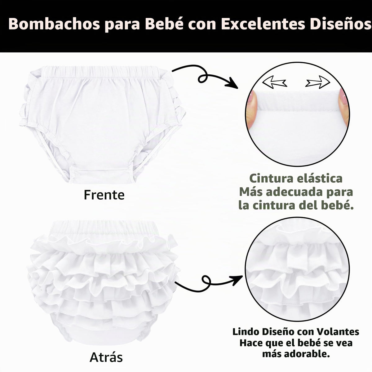 Olreco | Bloomer Bebé Niña Volantes Escalonados 100% Algodón Cintura Elástica Blanco Bautizo Foto 0-24 Meses