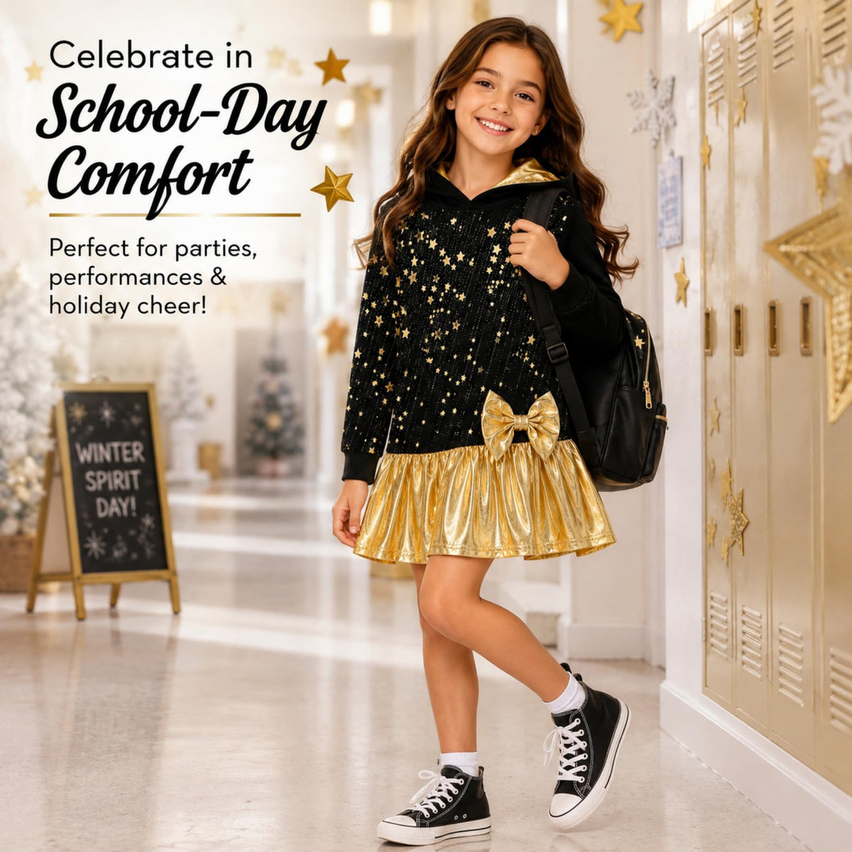 Vestido Nina con Capucha Manga Larga | 95% Algodon 5% Poliester | Cuerpo Negro Estrellas Doradas + Lluvia de Brillantes | Falda Metalica Dorada con Vuelo | Lazo Dorado en Cadera | Forro Capucha Dorado | Negro + Dorado (3 - 12T)