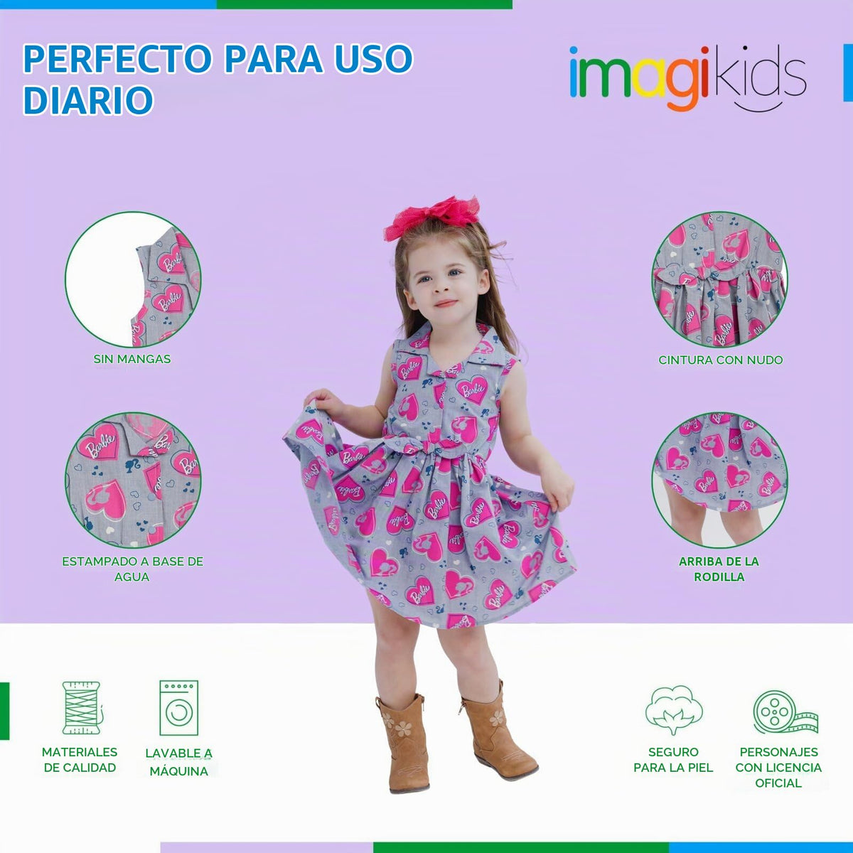 Vestido Barbie Niña | 100% Algodón + Chambray All-Over Corazones Fucsia + Camisero Sin Mangas | Azul/Rosa Licencia Oficial (2T - 16T)