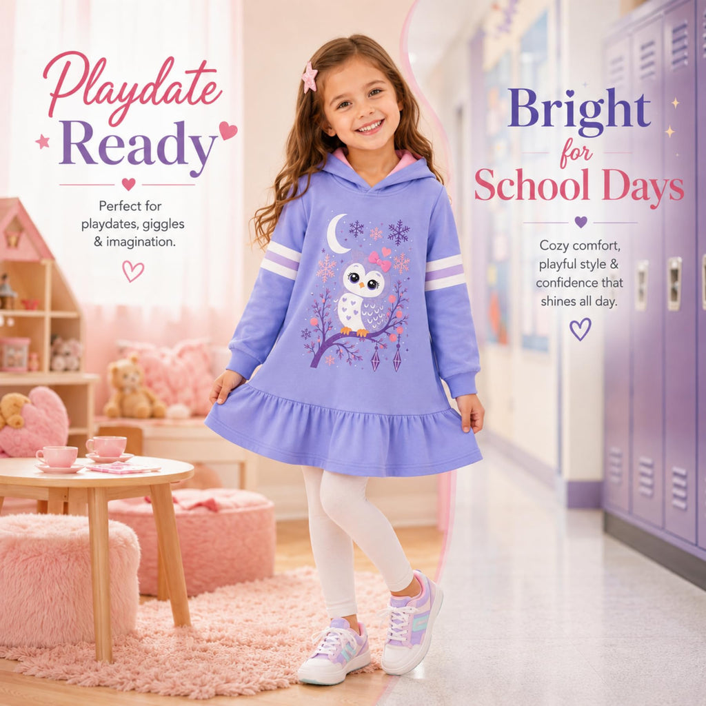 Vestido Hoodie de Búho para Niñas – Manga Larga Azul con Volante, Algodón (3 - 12T)