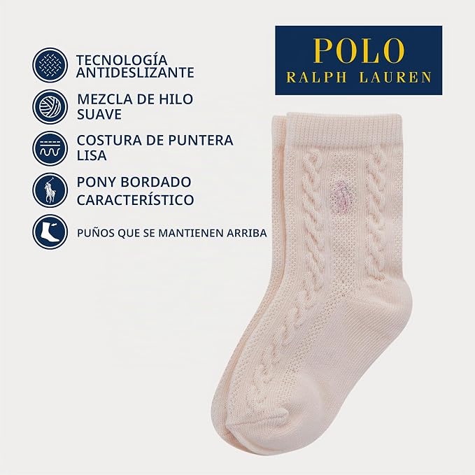 Polo Ralph Lauren | Calcetines Bebé Pack 3 Algodón Orgánico Textura Cable Rosa Suave Blanco Agarres