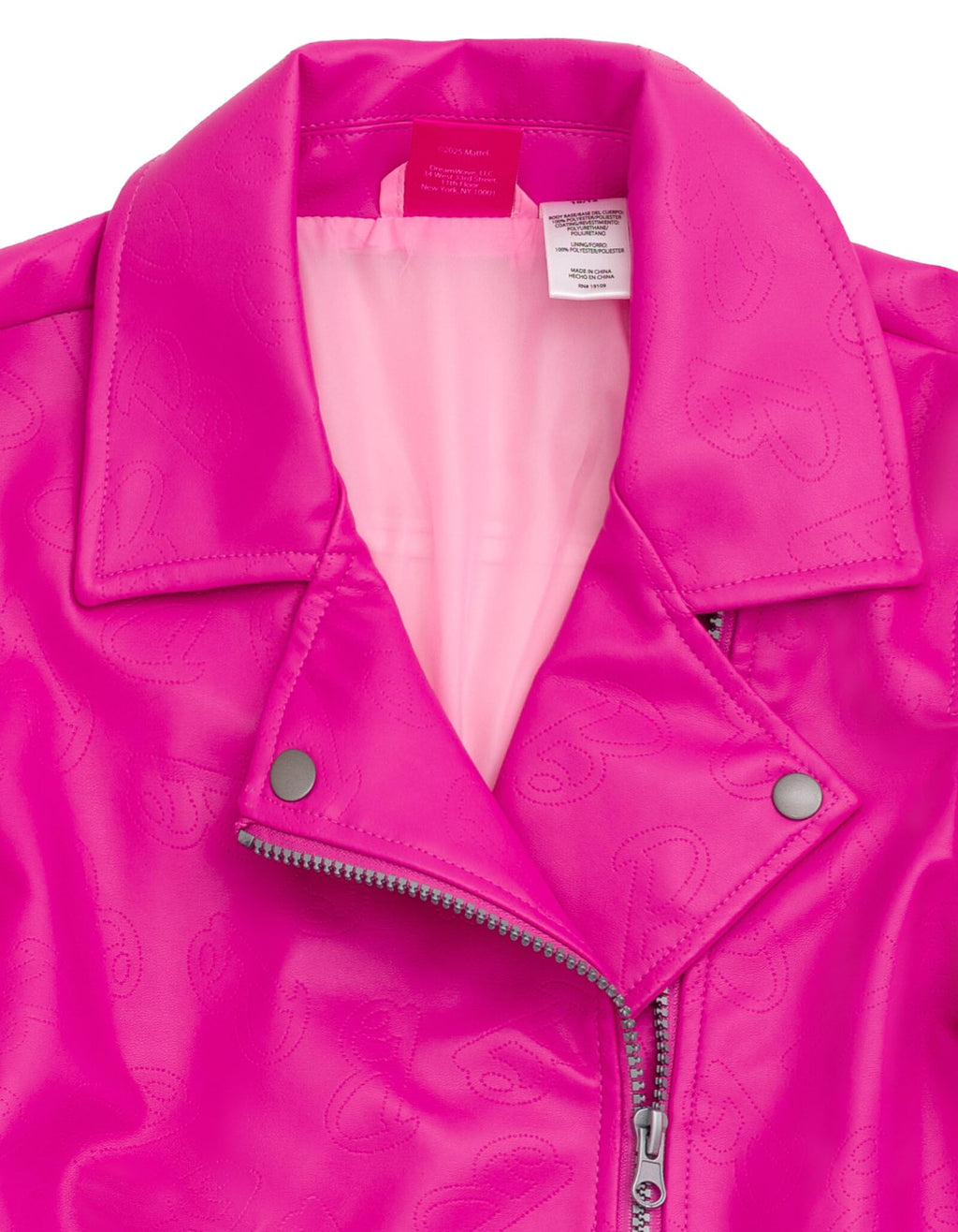 Chaqueta Moto Barbie Oficial | Cuero Sintético Iridiscente + Cremallera Asimétrica + Patrón “B” Grabado | Niña Fucsia (4-16T)
