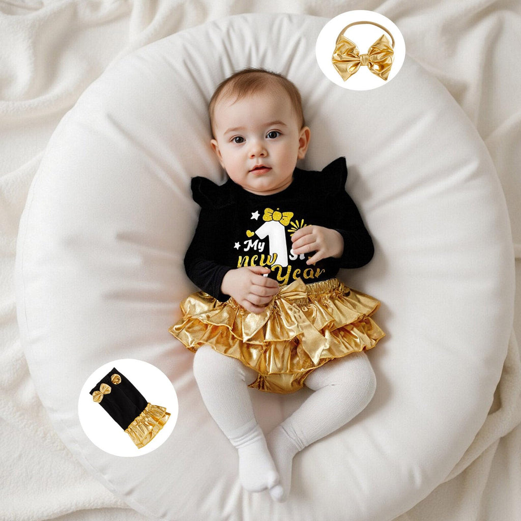 My 1st New Year | Conjunto Bebé Niña Negro y Dorado + Falda Tutú + Medias + Diadema