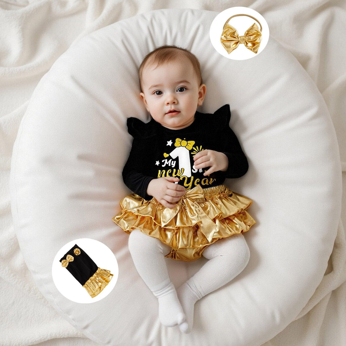 My 1st New Year | Conjunto Bebé Niña Negro y Dorado + Falda Tutú + Medias + Diadema