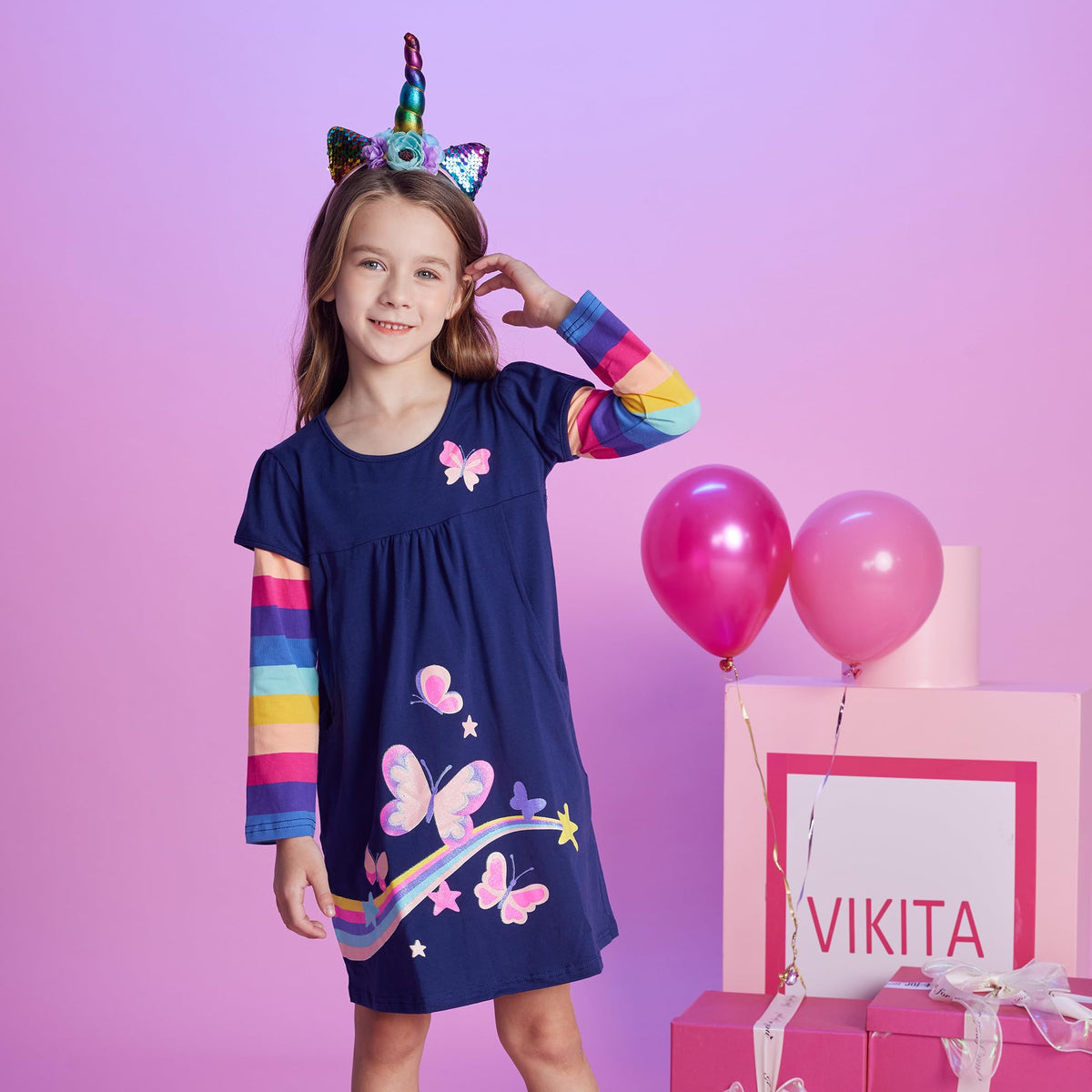 Vestido Niña VIKITA | 100% Algodón + Mariposas Rosas + Arcoíris + Estrellas + Bolsillos | Navy/Arcoíris Cumpleaños (3-8 Años)