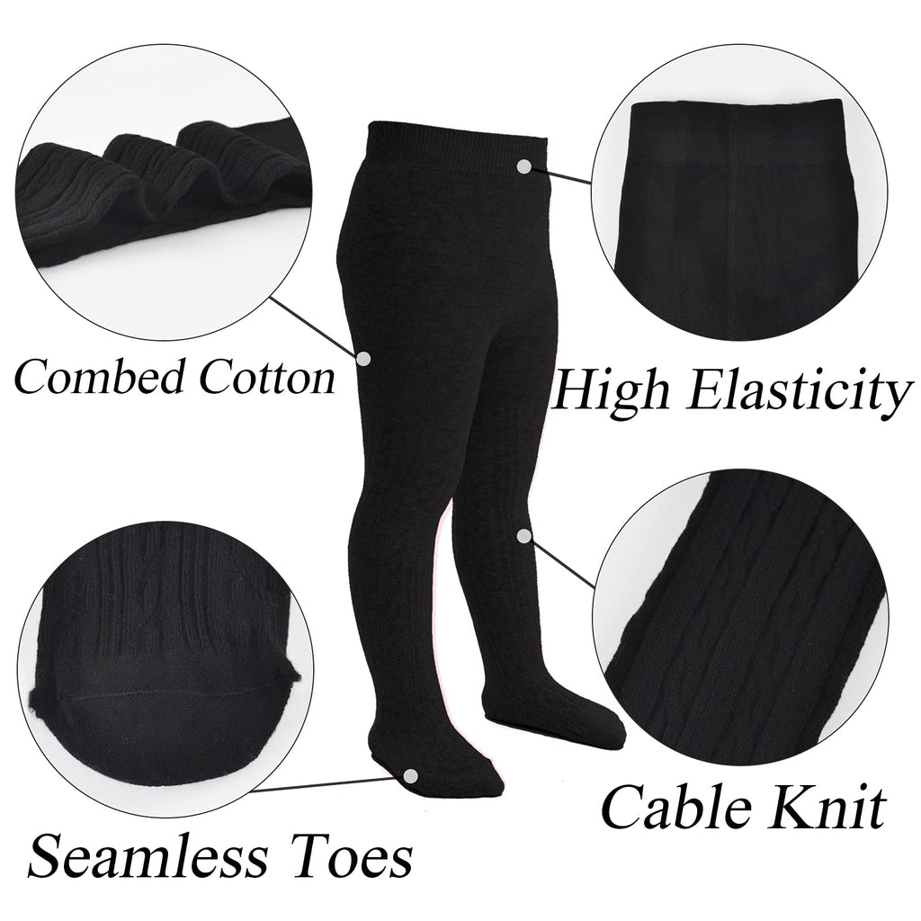 Pack 2 Mallas Punto Trenzado Cable Knit Mini Angel | Sin Costura + Algodón Peinado + Negro y Blanco | Bebé Niña 0-6 Años