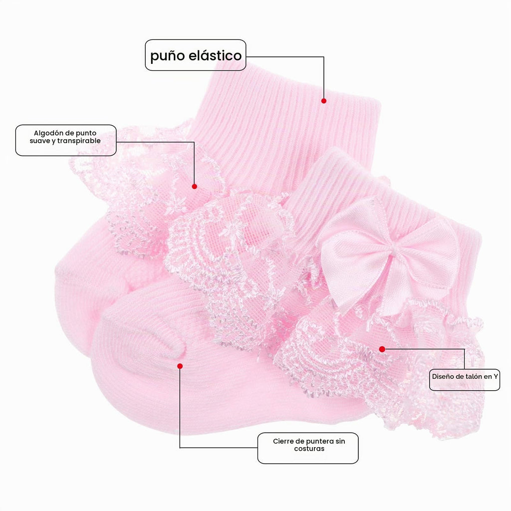 Calcetines Bebé Niña Pack 4 Algodón Canalé Encaje Volante Lazo Satín Rojo Blanco Menta Rosa