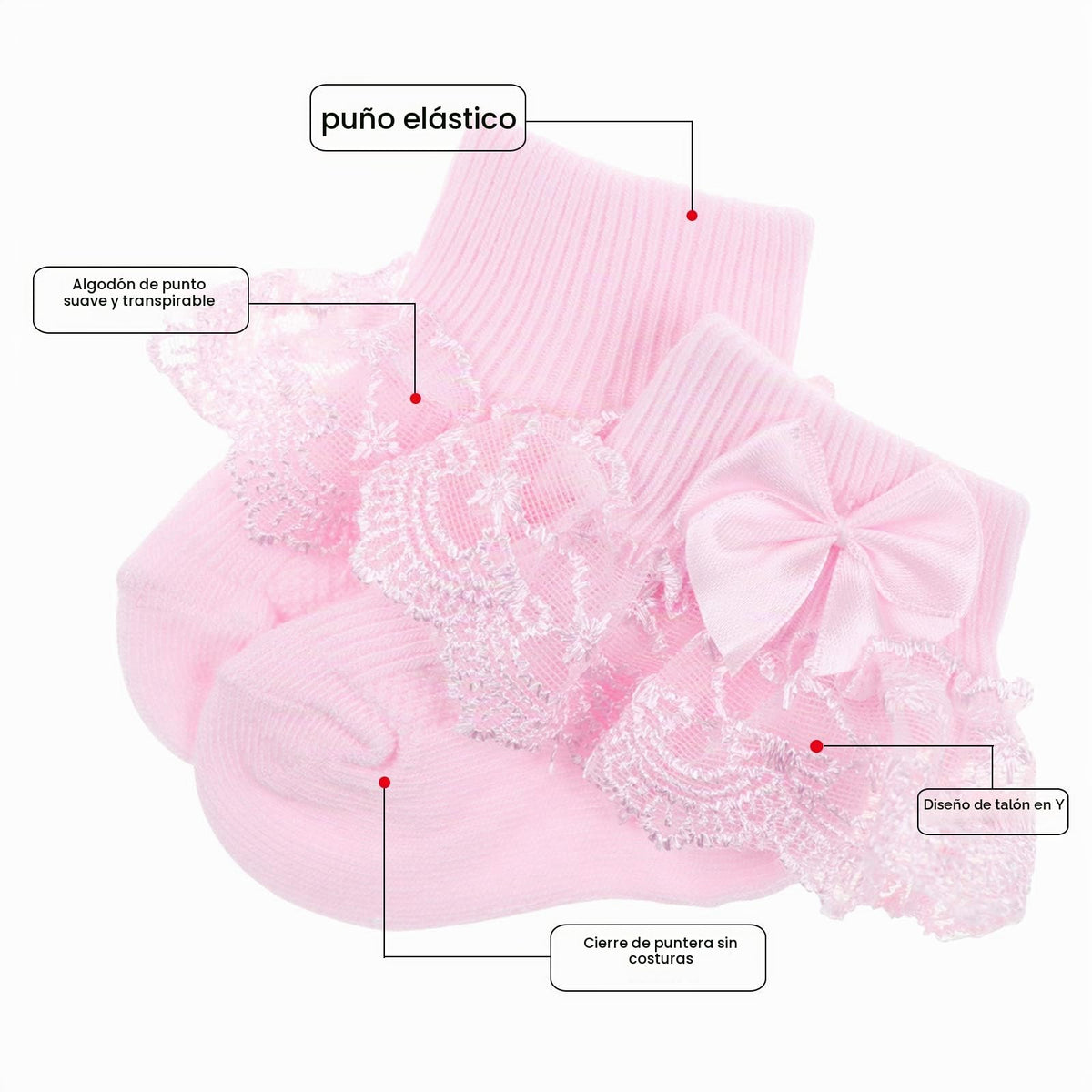Calcetines Bebé Niña Pack 4 Algodón Canalé Encaje Volante Lazo Satín Rojo Blanco Menta Rosa